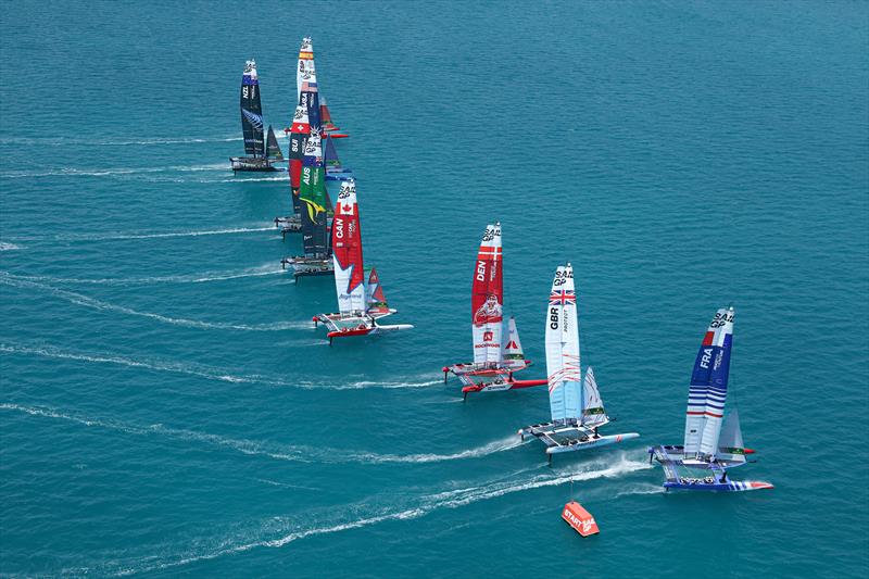 The SailGP F50 catamaran fleet in action on Race Day 2 of Bermuda SailGP presented by Hamilton Princess, Season 3, in Bermuda photo copyright Simon Bruty for SailGP taken at  and featuring the F50 class