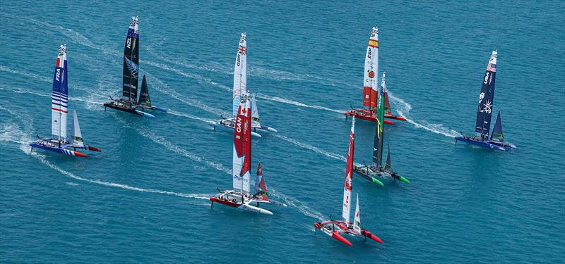 The SailGP F50 catamaran fleet in action on Race Day 2 of Bermuda SailGP presented by Hamilton Princess, Season 3, in Bermuda photo copyright Simon Bruty for SailGP taken at  and featuring the F50 class