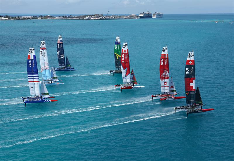 The SailGP F50 catamaran fleet in action on Race Day 2 of Bermuda SailGP presented by Hamilton Princess, Season 3, in Bermuda photo copyright Simon Bruty for SailGP taken at  and featuring the F50 class