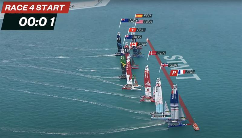 Start of Race 4 - the line is unusually bowed  - NZL was able to accelerate from this position, get in clear air from the bowed line-up, and won. FRA was DSQ'd from this race for her approach at the start - Season 3, SailGP - Bermuda - May 2022 photo copyright SailGP taken at Royal Bermuda Yacht Club and featuring the F50 class