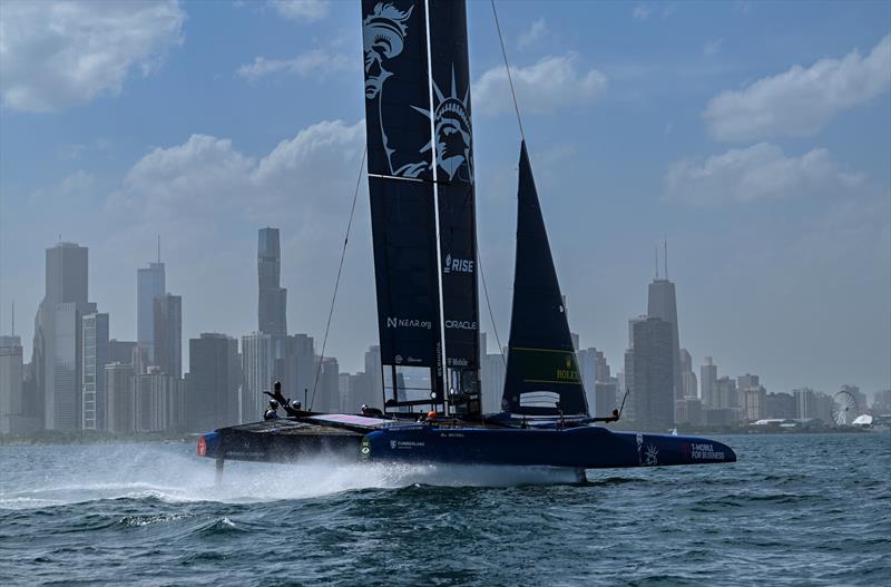 USA SailGP Team helmed by Jimmy Spithill sail past the Chicago skyline ahead of T-Mobile United States Sail Grand Prix - photo © Ricardo Pinto for SailGP