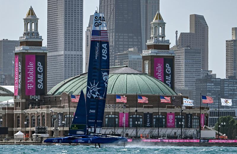 USA SailGP Team helmed by Jimmy Spithill sail past the Chicago skyline ahead of T-Mobile United States Sail Grand Prix - photo © Ricardo Pinto for SailGP