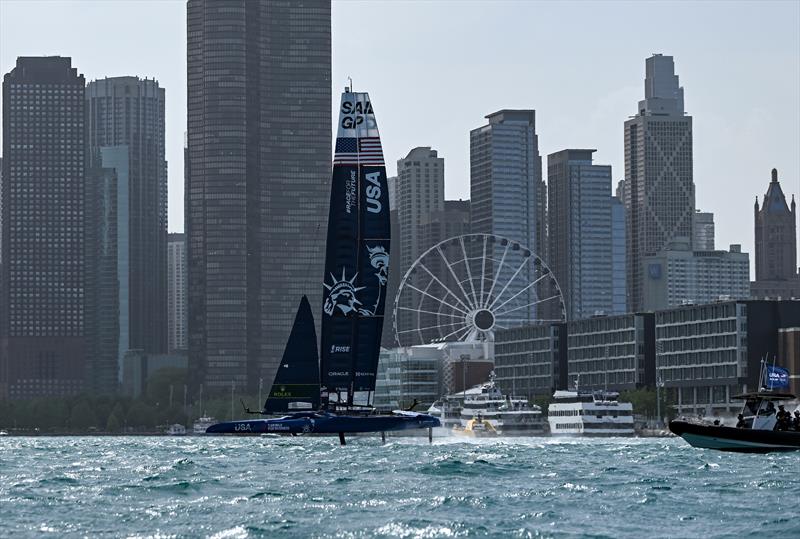 USA SailGP Team helmed by Jimmy Spithill sail past the Chicago skyline ahead of T-Mobile United States Sail Grand Prix - photo © Ricardo Pinto for SailGP