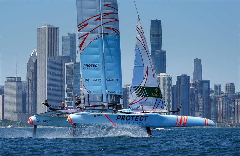 Great Britain SailGP Team helmed by Ben Ainslie sails past the city skyline during a practice session ahead of T-Mobile United States Sail Grand Prix | Chicago at Navy Pier, Season 3, in Chicago, Illinois, USA. 16th June 2022 photo copyright Bob Martin for SailGP taken at  and featuring the F50 class