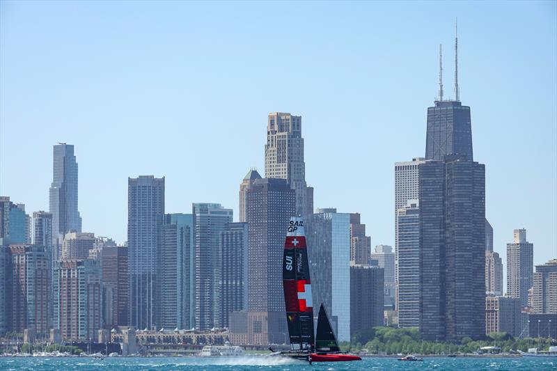 Switzerland SailGP Team helmed by Sebastien Schneiter in action during a practice session ahead of T-Mobile United States Sail Grand Prix | Chicago at Navy Pier, Lake Michigan, Season 3, in Chicago, Illinois, USA photo copyright Simon Bruty for SailGP taken at  and featuring the F50 class