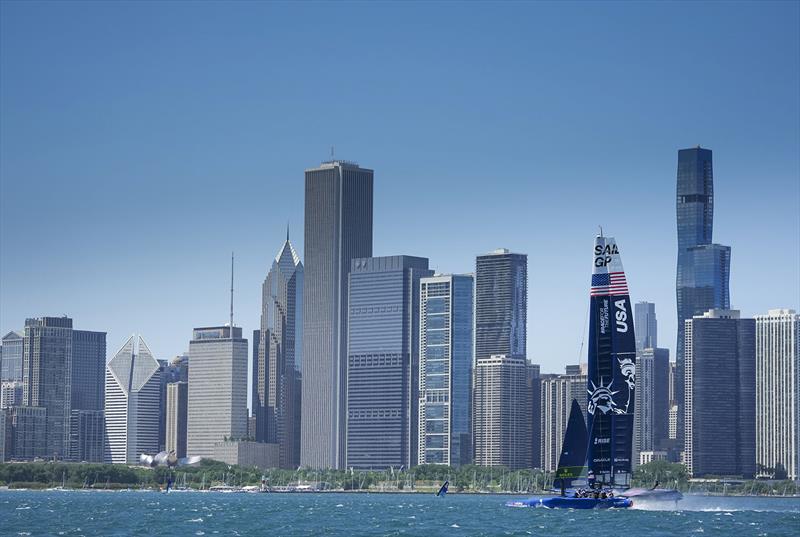 USA SailGP Team helmed by Jimmy Spithill F50 catamaran out on the water with the Chicago skyline in the background, ahead of T-Mobile United States Sail Grand Prix Season 3, in Chicago, Illinois, USA. 17th June  photo copyright Chloe Knott for SailGP taken at Chicago Yacht Club and featuring the F50 class