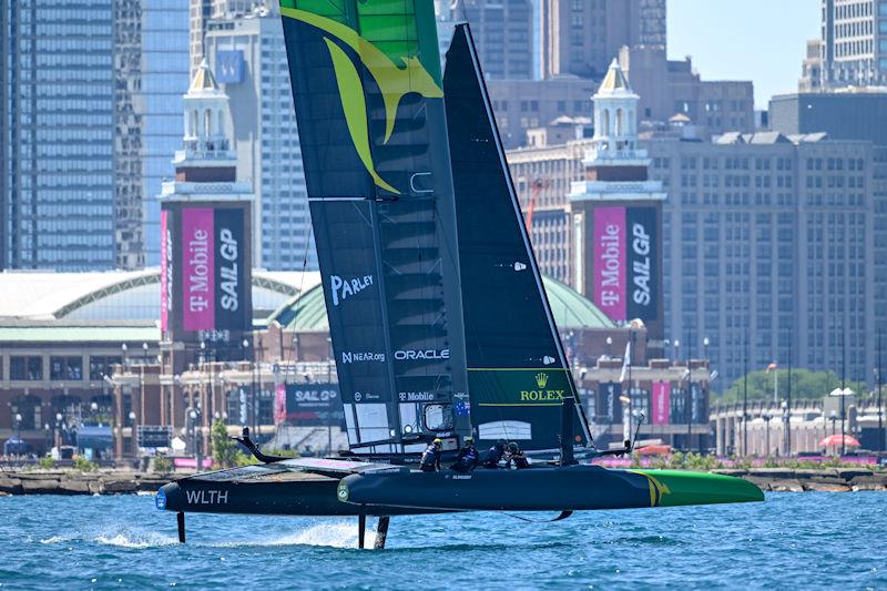 Australia SailGP Team helmed by Tom Slingsby practicing against the backdrop of the city ahead of the T-Mobile United States Sail Grand Prix photo copyright Ricardo Pinto for SailGP taken at  and featuring the F50 class