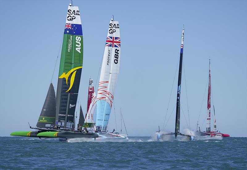 The fleet in action on Race Day 1 of the T-Mobile United States Sail Grand Prix | Chicago at Navy Pier, Season 3 photo copyright Bob Martin for SailGP taken at  and featuring the F50 class