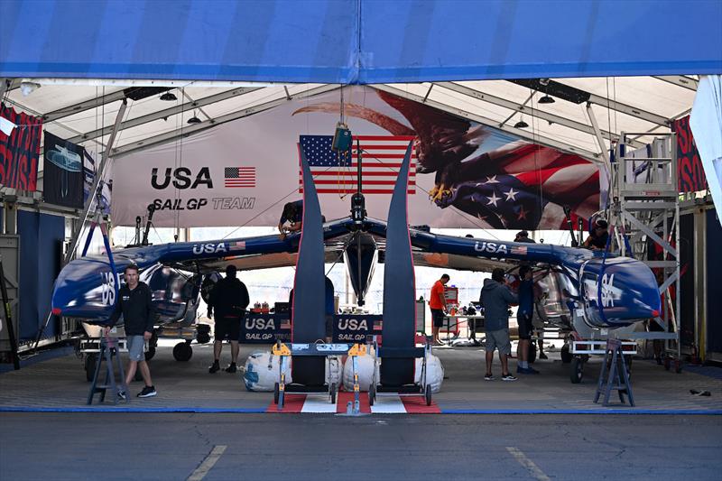 The USA SailGP Team F50 catamaran is de-rigged at the Technical Base after Race Day 1 of the T-Mobile United States Sail Grand Prix | Chicago at Navy Pier, Lake Michigan, Season 3 photo copyright Ricardo Pinto for SailGP taken at  and featuring the F50 class