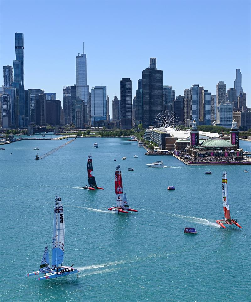 The SailGP F50 catamaran fleet sails past the Chicago skyline and Navy Pier on Race Day 1 of the T-Mobile United States Sail Grand Prix | Chicago at Navy Pier photo copyright Jon Buckle for SailGP taken at  and featuring the F50 class