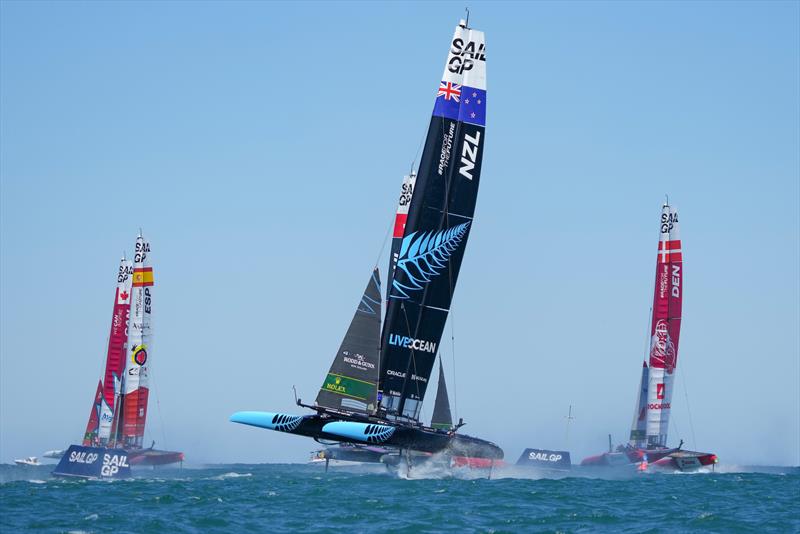 New Zealand SailGP Team co-helmed by Peter Burling and Blair Tuke and the fleet in action on Race Day 1 of the T-Mobile United States Sail Grand Prix, June 2022 photo copyright Bob Martin for SailGP taken at Chicago Yacht Club and featuring the F50 class