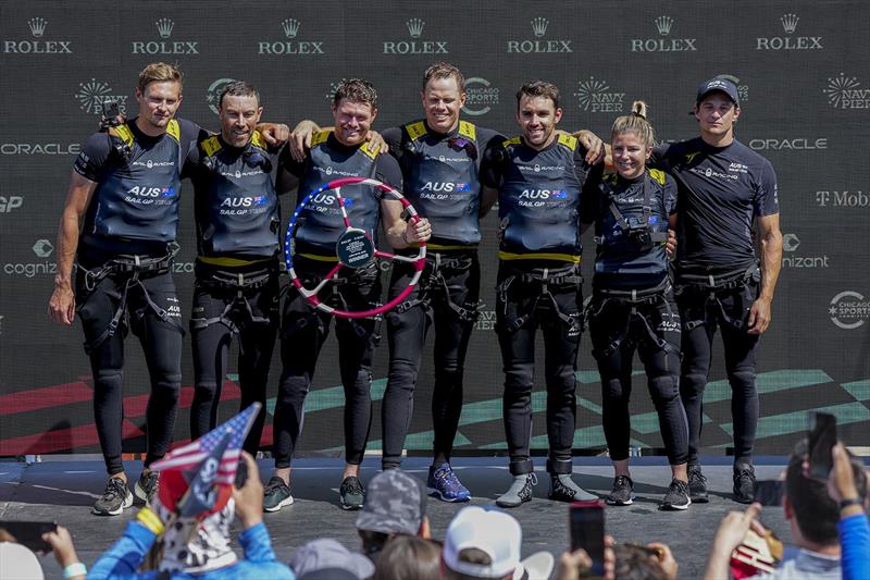 Tom Slingsby, CEO and driver of Australia SailGP Team, and his crew celebrate with the trophy after winning the T-Mobile United States Sail Grand Prix | Chicago at Navy Pier, Season 3, in Chicago, Illinois, USA. 19th June 2022 photo copyright Bob Martin for SailGP taken at Chicago Yacht Club and featuring the F50 class