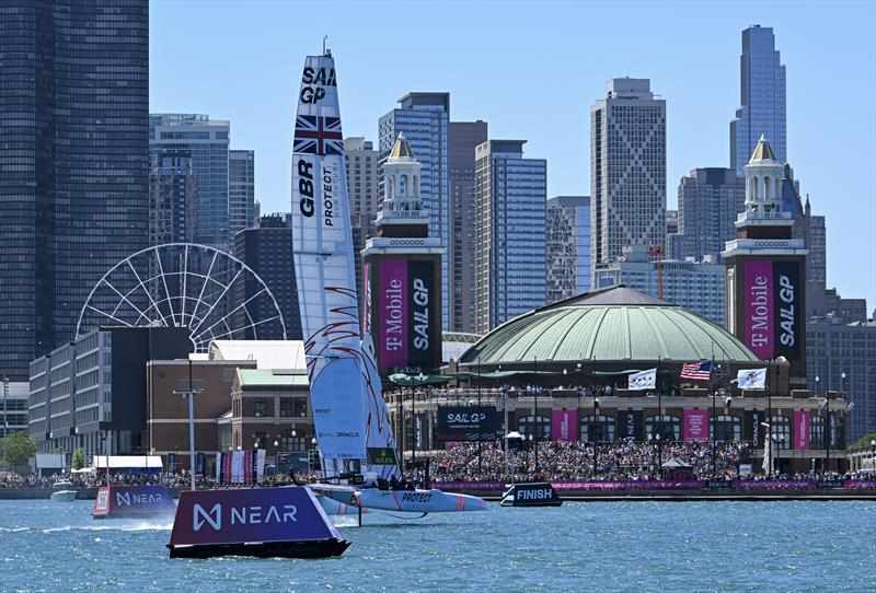 Great Britain SailGP Team helmed by Ben Ainslie sails past the Chicago skyline and Navy Pier on Race Day 1 of the T-Mobile United States Sail Grand Prix | Chicago at Navy Pier photo copyright Ricardo Pinto for SailGP taken at  and featuring the F50 class