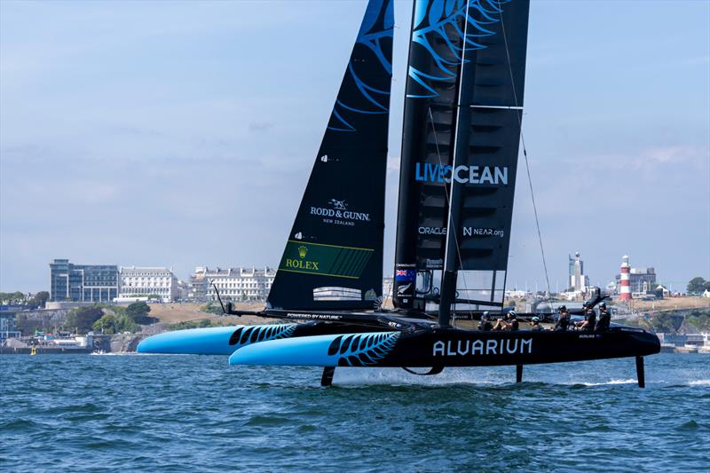 New Zealand SailGP Team co-helmed by Peter Burling and Blair Tuke in actionduring a practice session ahead of the Great Britain Sail Grand Prix | Plymouth in Plymouth, England. 29th July 2022 photo copyright Ian Roman/SailGP taken at Royal Plymouth Corinthian Yacht Club and featuring the F50 class