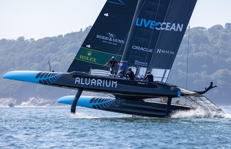 New Zealand SailGP Team co-helmed by Peter Burling and Blair Tuke during a practice session ahead of the Great Britain Sail Grand Prix | Plymouth in Plymouth, England. 29th July, 2022  photo copyright Felix Diemer/SailGP taken at Royal Plymouth Corinthian Yacht Club and featuring the F50 class