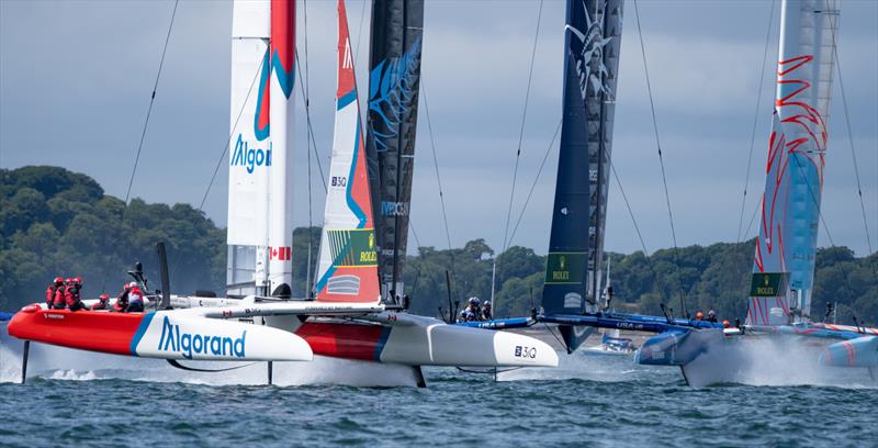 Canada SailGP Team New Zealand SailGP Team, USA SailGP Team and Great Britain SailGP Team  in action on Race Day 1 of the Great Britain Sail Grand Prix | Plymouth in Plymouth, England. 30th July 2022 - photo © Bob Martin/SailGP