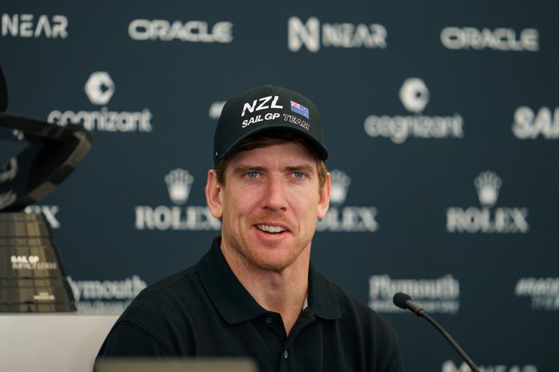 Peter Burling, Co-CEO and driver of New Zealand SailGP Team, speaks to the media in a pre-race press conference ahead of the Great Britain Sail Grand Prix | Plymouth in Plymouth, England. 29th July 2022 photo copyright Jon Super/SailGP taken at Royal Plymouth Corinthian Yacht Club and featuring the F50 class