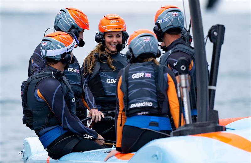 HRH The Duchess of Cambridge celebrates with the Great Britain SailGP Team after helping Great Britain SailGP Team win the special one-off Commonwealth race against New Zealand SailGP Team  photo copyright Ricardo Pinto/ SailGP taken at Royal Plymouth Corinthian Yacht Club and featuring the F50 class