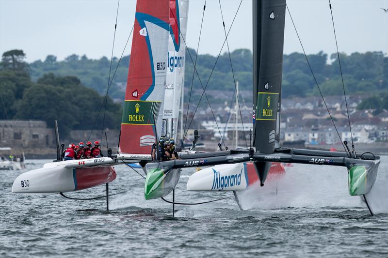 Canada SailGP Team battle with Australia SailGP Team on Race Day 2 of the Great Britain Sail Grand Prix | Plymouth in Plymouth, England. 31st July  photo copyright Ricardo Pinto/SailGP taken at Royal Plymouth Corinthian Yacht Club and featuring the F50 class