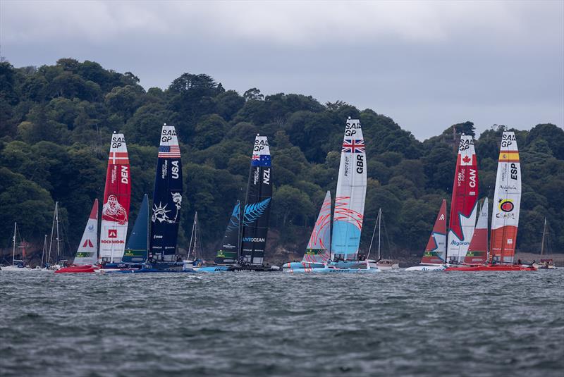 The fleet on day 2 of Great Britain Sail Grand Prix | Plymouth photo copyright David Gray for SailGP taken at  and featuring the F50 class