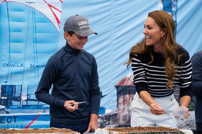 HRH The Duchess of Cambridge visits Team GBR HQ to join a Protect Our Future lesson and engages with young people from Plymouth in a seagrass planting activity - photo © Bob Martin for SailGP