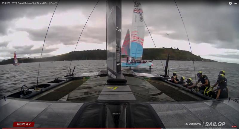 1. Onboard camera Australia - Ainslie (GBR) crosses ahead of Slingsby (AUS - Australia SailGP and Great Britain SailGP - incident prior to finish Race 5 - SailGP Great Britain - July 31, 2022 - photo © SailGP