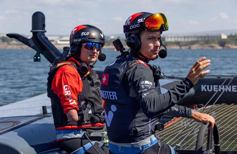 British sailing Paralympian Hannah Stodel sits alongside Sebastien Schneiter, driver of Switzerland SailGP Team, as she joins the Switzerland SailGP Team as a sixth sailor for a practice session ahead of the Great Britain Sail Grand Prix. - photo © David Gray for SailGP