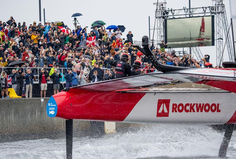 Denmark SailGP Team wave to the spectators as they are towed past the Race Village prior to racing on Race Day 1 of the ROCKWOOL Denmark Sail Grand Prix in Copenhagen, Denmark photo copyright Bob Martin for SailGP taken at  and featuring the F50 class