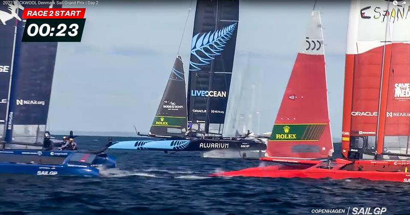 1. 23 secs from the start of Race 2 LiveOcean (NZL) is up and foiling, ESP and USAare still in dosplacement mode - SailGP Copenhagen - August photo copyright SailGP Media taken at Royal Danish Yacht Club and featuring the F50 class
