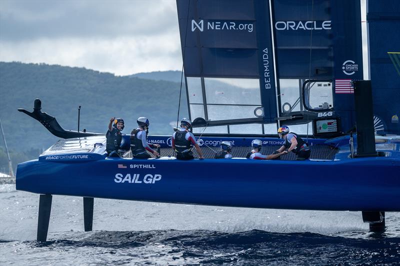 Sergio Perez, Red Bull Racing Formula One driver, gives a thumbs up as he sits behind Jimmy Spithill, CEO & driver of USA SailGP Team - Range Rover France Sail Grand Prix in Saint Tropez, France. 6th September  photo copyright Jon Buckle/SailGP taken at Société Nautique de Saint-Tropez and featuring the F50 class