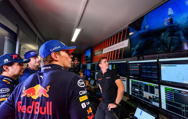 Max Verstappen and Sergio Perez, Red Bull Racing Formula One drivers, view the data and video footage of previous SailGP events inside the Oracle Cloud Insights Container Range Rover France Sail Grand Prix in Saint Tropez, France. 6th September - photo © Jon Buckle/SailGP