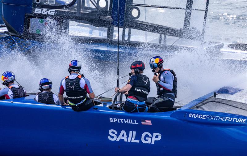 Max Verstappen, Red Bull Racing Formula One driver, at the wheel as he leads the USA SailGP Team during a  against Australia SailGP Team - Range Rover France Sail Grand Prix in Saint Tropez photo copyright David Gray/SailGP taken at Société Nautique de Saint-Tropez and featuring the F50 class