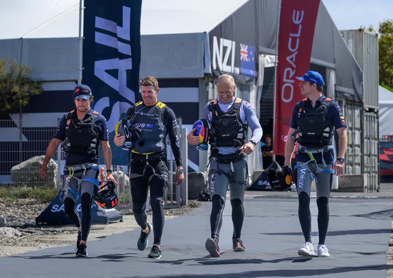 Sergio Perez and Max Verstappen, Red Bull Racing Formula One drivers, walk across the Technical Base with Tom Slingsby - Australia SailGP Team, and Jimmy Spithill - USA SailGP Team Range Rover France Sail Grand Prix in Saint Tropez, France - photo © Jon Buckle/SailGP