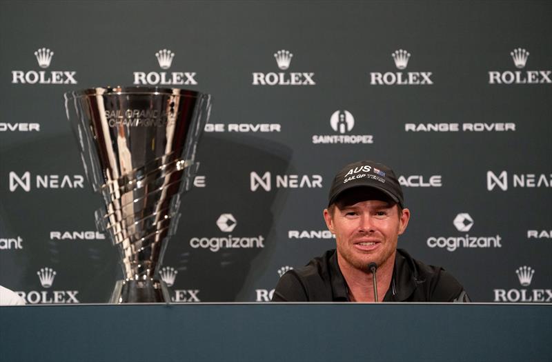 Tom Slingsby, CEO and driver of Australia SailGP Team attends a press conference ahead of the Range Rover France Sail Grand Prix in Saint Tropez, France photo copyright Bob Martin/SailGP taken at Société Nautique de Saint-Tropez and featuring the F50 class