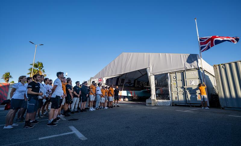 The Great Britain SailGP Team, Australia SailGP Team, New Zealand SailGP Team and Canada SailGP Team gather as the Union flag is lowered to half-mast at the Great Britain SailGP Team hangar photo copyright Jon Buckle/SailGP taken at Société Nautique de Saint-Tropez and featuring the F50 class