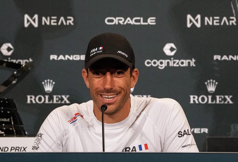 Quentin Delapierre, driver of France SailGP Team, attends a press conference ahead of the Range Rover France Sail Grand Prix in Saint Tropez, France photo copyright Bob Martin/SailGP taken at Société Nautique de Saint-Tropez and featuring the F50 class