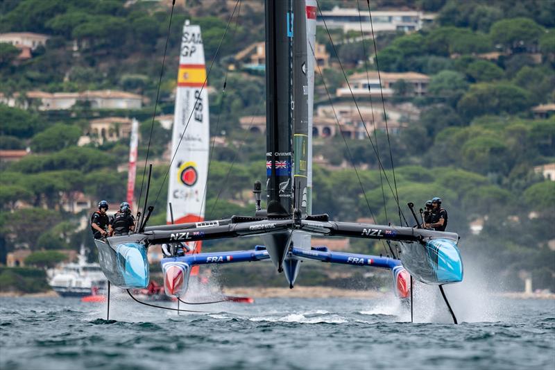 New Zealand SailGP Team helmed by Peter Burling leads France SailGP Team helmed by Quentin Delapierre during a practice session ahead of the Range Rover France Sail Grand Prix in Saint Tropez, France. 8th September  photo copyright Ricardo Pinto/SailGP taken at Société Nautique de Saint-Tropez and featuring the F50 class