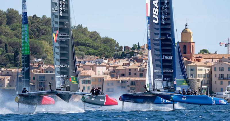 Australia SailGP Team, Switzerland SailGP Team and Great Britain SailGP Team onboard the USA SailGP Team during a practice session ahead of the Range Rover France Sail Grand Prix in Saint Tropez, France - photo © Bob Martin for SailGP