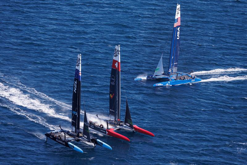 New Zealand SailGP Team and Switzerland SailGP Team and USA SailGP Team in action during a practice session ahead of the Range Rover France Sail Grand Prix in Saint Tropez, photo copyright David Gray/SailGP taken at Société Nautique de Saint-Tropez and featuring the F50 class