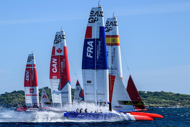 Denmark SailGP Team, Canada SailGP Team, France SailGP Team and Spain SailGP Team in action during a practice session ahead of the Range Rover France Sail Grand Prix in Saint Tropez, France - photo © Ricardo Pinto/SailGP