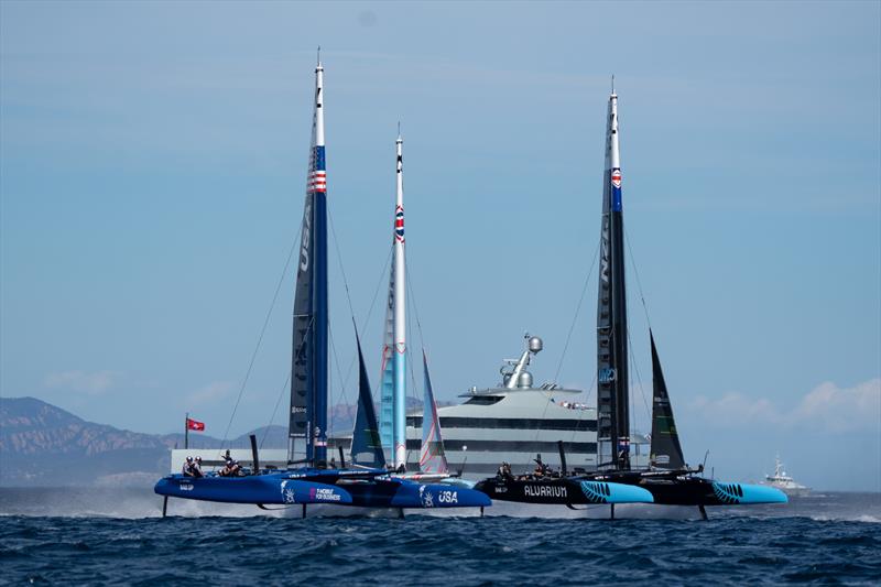 USA SailGP Team , New Zealand SailGP Team and Great Britain SailGP Team  sail past the superyacht Savannah on Race Day 1 of the Range Rover France Sail Grand Prix in Saint Tropez, France - photo © Bob Martin/SailGP