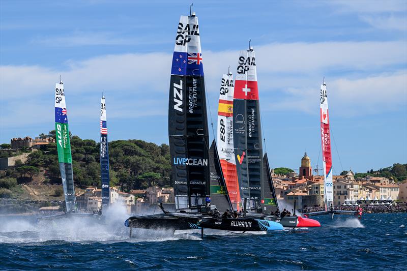 The SailGP fleet in action on Race Day 1 of the Range Rover France Sail Grand Prix in Saint Tropez, France photo copyright Ricardo Pinto/SailGP taken at Société Nautique de Saint-Tropez and featuring the F50 class