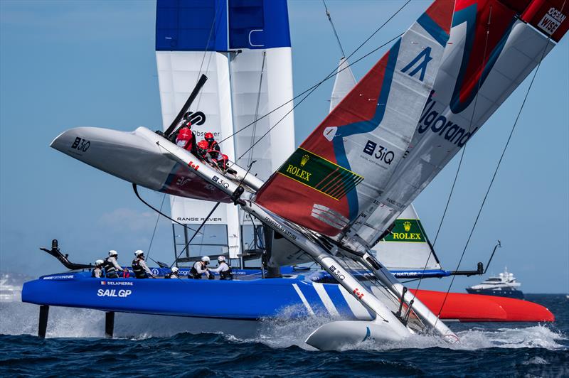 Canada SailGP Team nearly capsize as France SailGP Team sail past during the second race on Race Day 1 of the Range Rover France Sail Grand Prix in Saint Tropez, France - photo © Bob Martin /SailGP