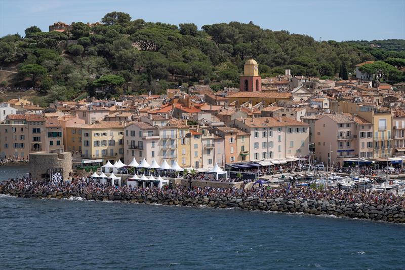 An aerial view of spectators and the Race Village on Race Day 1 of the Range Rover France Sail Grand Prix in Saint Tropez, France photo copyright Jon Buckle/SailGP taken at Société Nautique de Saint-Tropez and featuring the F50 class