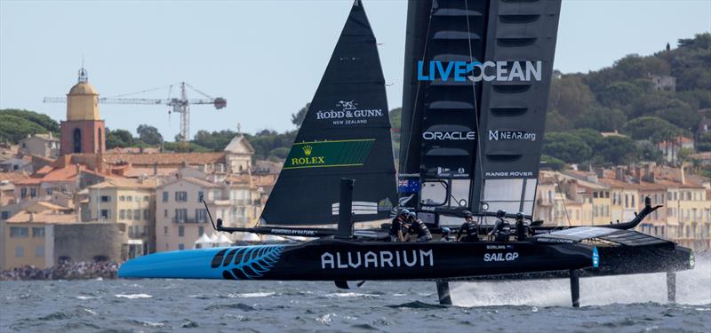 New Zealand SailGP Team helmed by Peter Burling sails past the bell tower and old town of Saint Tropez on Race Day 1 of the Range Rover France Sail Grand Prix in Saint Tropez, France - photo © Felix Diemer/SailGP