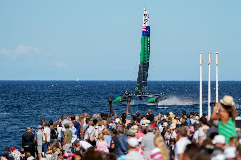 Australia SailGP Team helmed by Tom Slingsby in action as spectators watch on from the Fan Village on Race Day 1 of the Range Rover France Sail Grand Prix in Saint Tropez, France - photo © Andrew Baker for SailGP