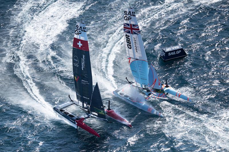 Switzerland SailGP Team helmed by Nathan Outteridge and Great Britain SailGP Team helmed by Ben Ainslie on Race Day 1 of the Range Rover France Sail Grand Prix in Saint Tropez, France - photo © Jon Buckle for SailGP