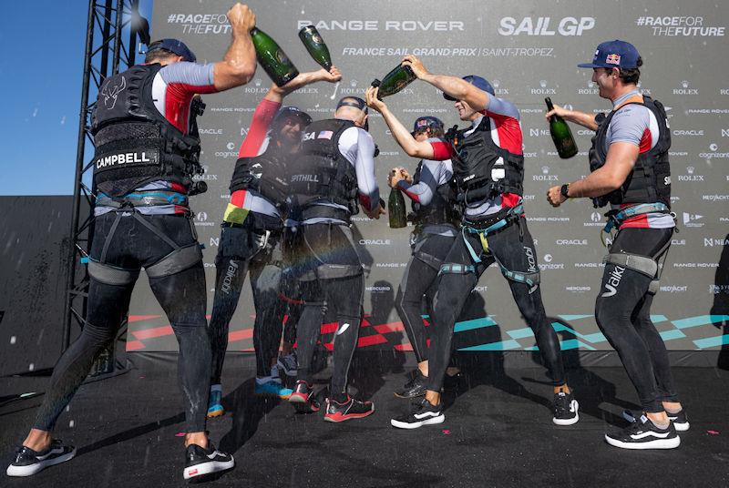 Jimmy Spithill, CEO & driver of USA SailGP Team, and his crew, celebrate with Champagne Barons de Rothschild after winning the Range Rover France Sail Grand Prix in Saint Tropez, France - photo © Jon Buckle for SailGP