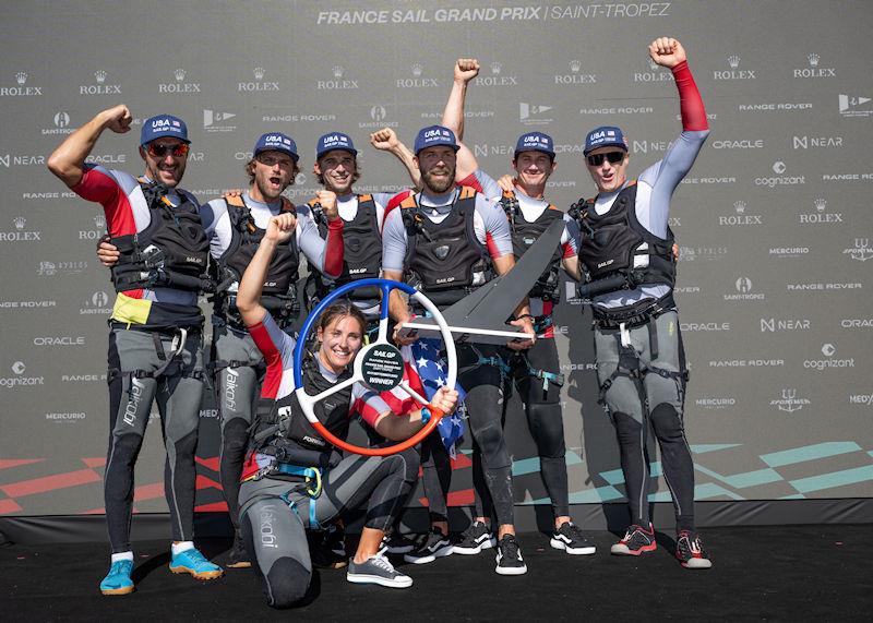 Jimmy Spithill, CEO & driver of USA SailGP Team, and his crew, celebrate winning the Range Rover France Sail Grand Prix in Saint Tropez, France photo copyright Jon Buckle for SailGP taken at  and featuring the F50 class