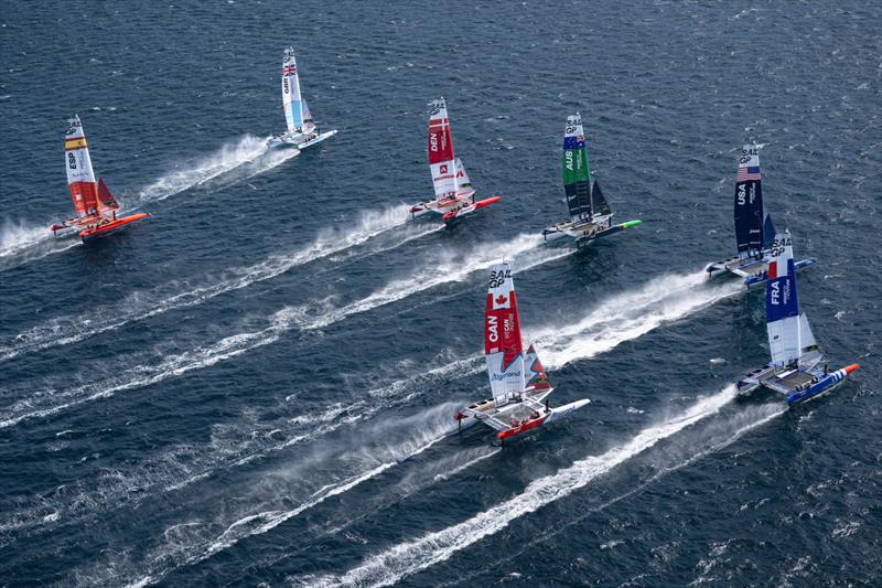 The SailGP F50 catamaran fleet on Race Day 1 of the Range Rover France Sail Grand Prix in Saint Tropez, France. 10th September  photo copyright Jon Buckle/SailGP taken at Société Nautique de Saint-Tropez and featuring the F50 class